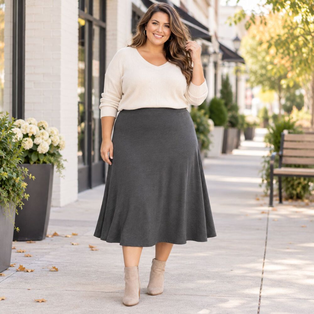 Plus Size 4X Charcoal Gray A-Line Midi Skirt Stretch Pull-On Waist NWT